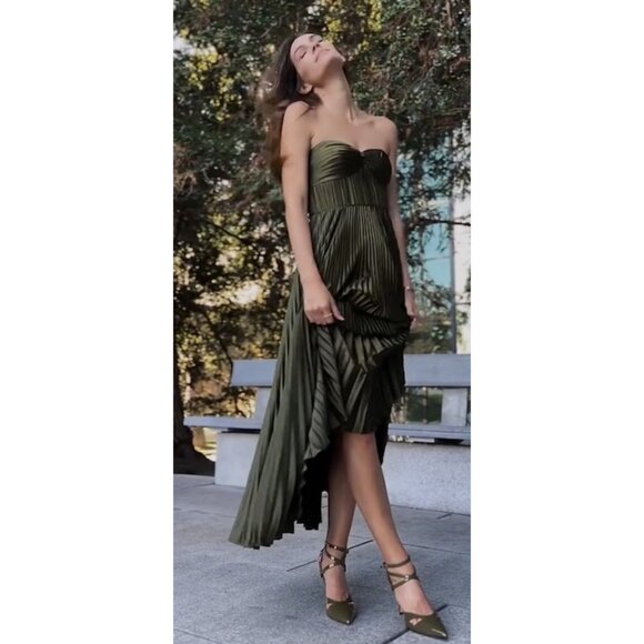AMUR Pleated Strapless Belle Dress in Olive Size US 6 - Picture 4 of 14